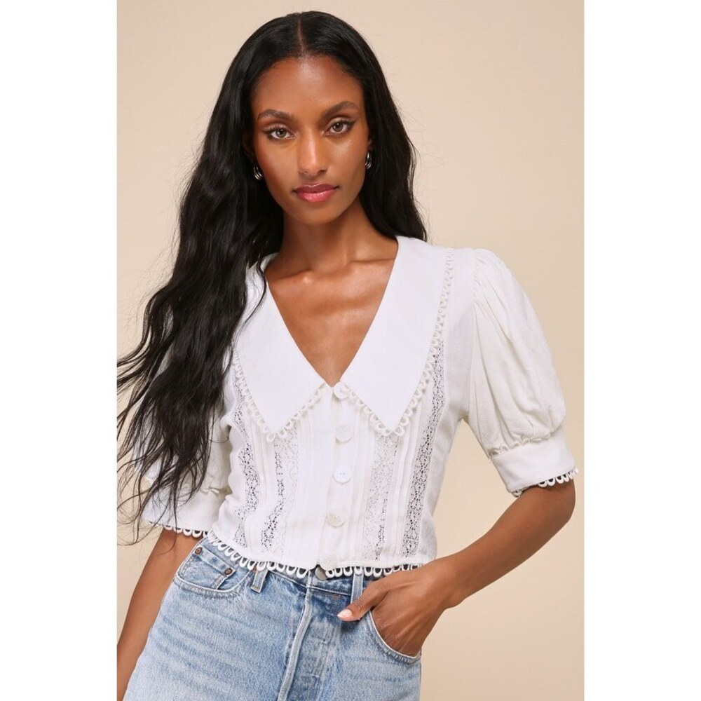 Lulus Uncommon Charm Ivory Lace Button-up Big Collar Puff Sleeve Top White